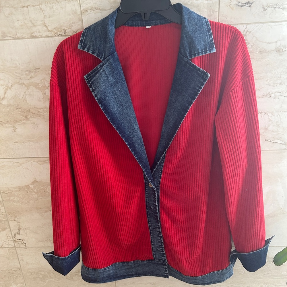 Chic Red and Denim Women's Blazer lightweight jacket